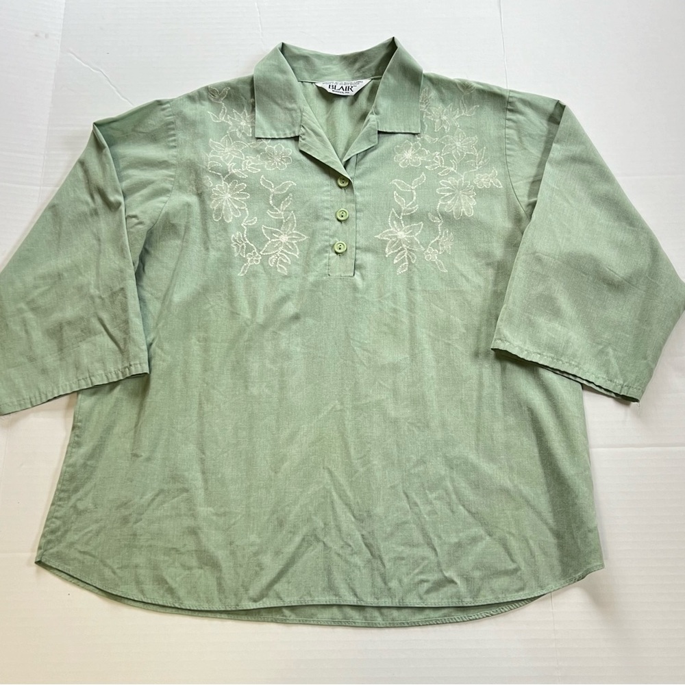 BLAIR Vintage Green Collared Shirt Flower Embroidery Button Up Short Sleeve M/L